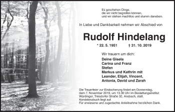 Traueranzeige von Rudolf Hindelang von Ansbach