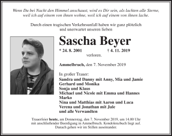 Traueranzeige von Sascha Beyer von Ansbach