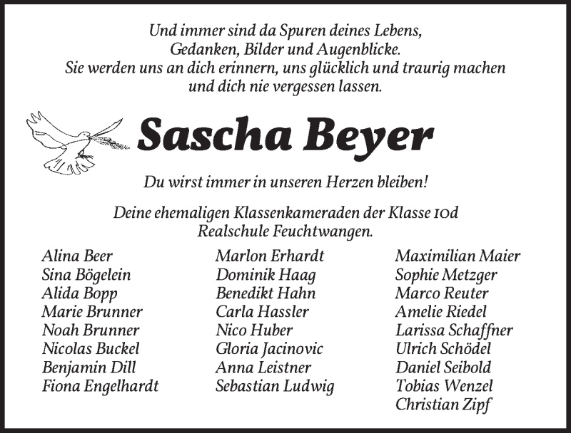  Traueranzeige für Sascha Beyer vom 08.11.2019 aus Dinkelsbühl/ Feuchtwangen