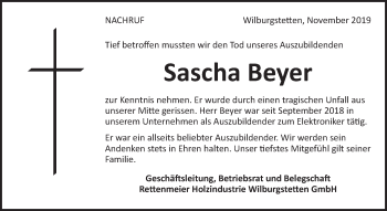 Traueranzeige von Sascha Beyer von Dinkelsbühl/ Feuchtwangen