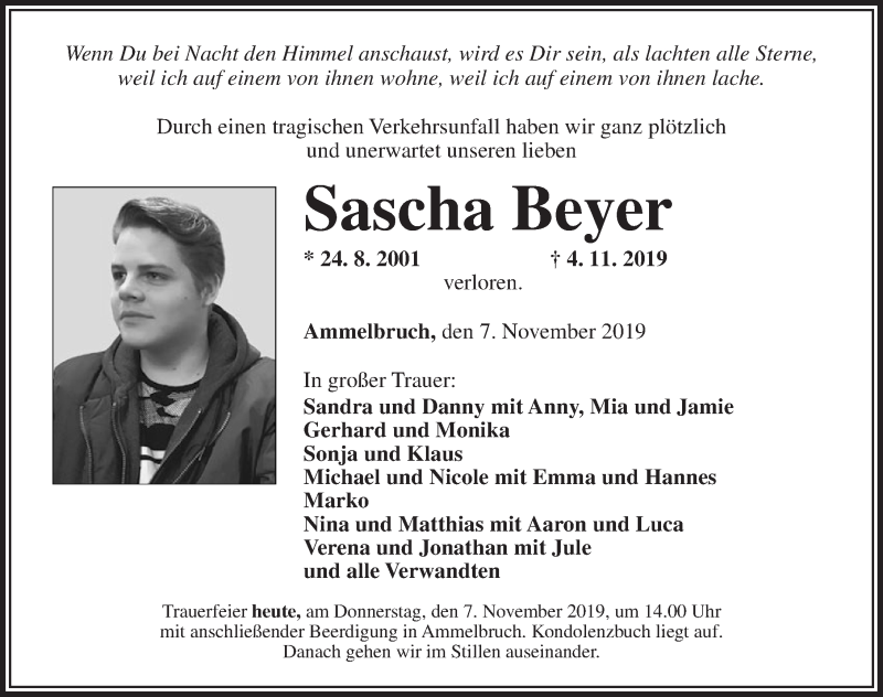  Traueranzeige für Sascha Beyer vom 07.11.2019 aus Dinkelsbühl/ Feuchtwangen