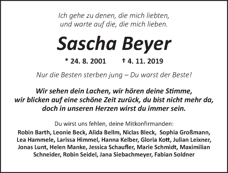  Traueranzeige für Sascha Beyer vom 09.11.2019 aus Dinkelsbühl/ Feuchtwangen