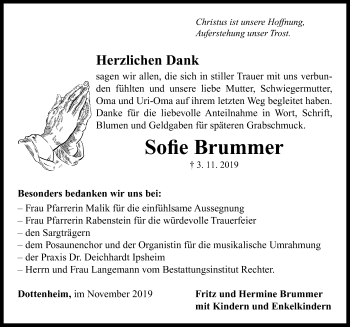 Traueranzeige von Sofie Brummer von Neustadt/ Scheinfeld/ Uffenheim