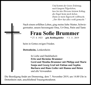 Traueranzeige von Sofie Brummer von Neustadt/ Scheinfeld/ Uffenheim