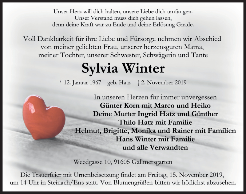  Traueranzeige für Sylvia Winter vom 09.11.2019 aus Rothenburg