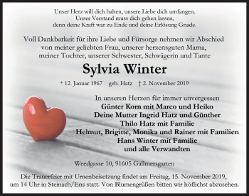 Traueranzeige von Sylvia Winter von Rothenburg