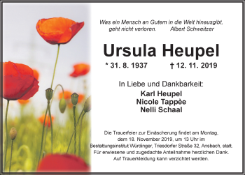 Traueranzeige von Ursula Heupel von Ansbach
