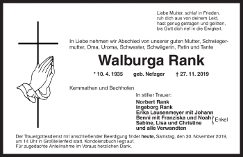 Traueranzeige von Walburga Rank von Dinkelsbühl/ Feuchtwangen