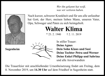 Traueranzeige von Walter Klima von Neustadt/ Scheinfeld/ Uffenheim