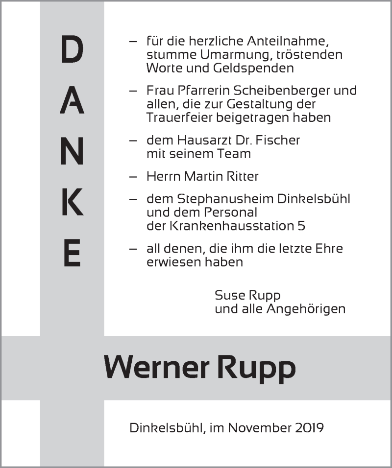  Traueranzeige für Werner Rupp vom 01.11.2019 aus Dinkelsbühl/ Feuchtwangen