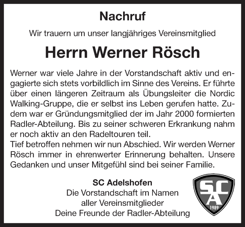  Traueranzeige für Werner Rösch vom 12.11.2019 aus Rothenburg