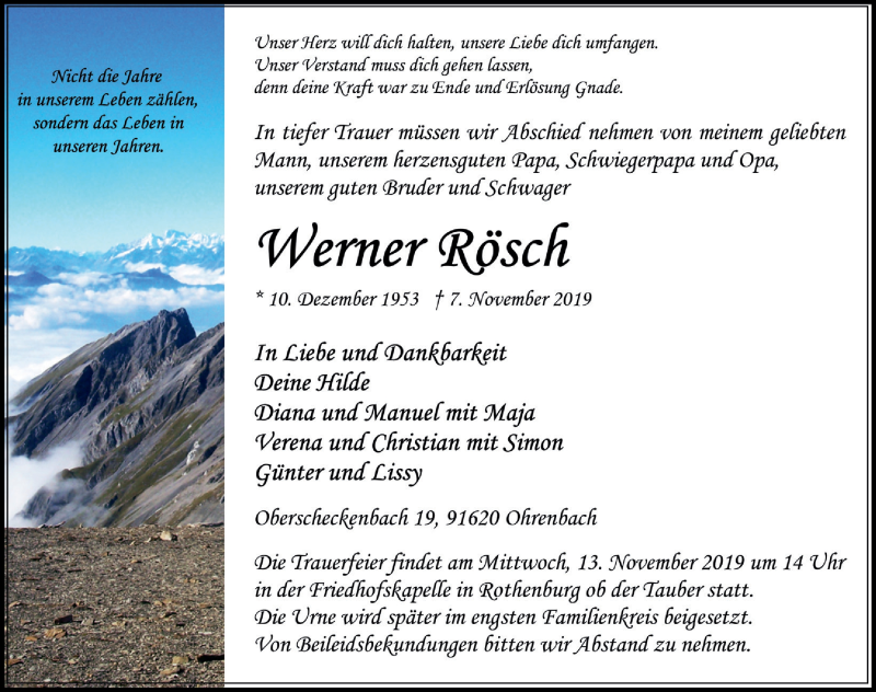  Traueranzeige für Werner Rösch vom 09.11.2019 aus Ansbach