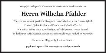 Traueranzeige von Wilhelm Pfahler von Ansbach