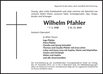 Traueranzeige von Wilhelm Pfahler von Ansbach