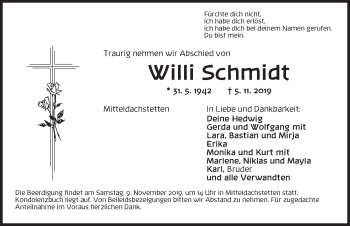 Traueranzeige von Willi Schmidt von Ansbach