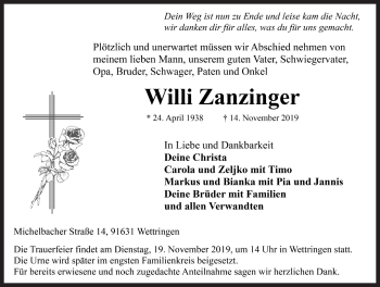 Traueranzeige von Willi Zanzinger von Rothenburg