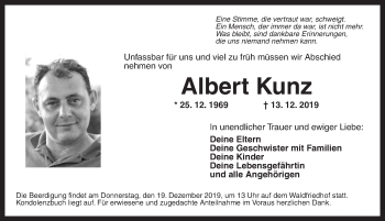 Traueranzeige von Albert Kunz von Ansbach
