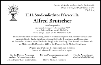 Traueranzeige von Alfred Brutscher von Dinkelsbühl/ Feuchtwangen