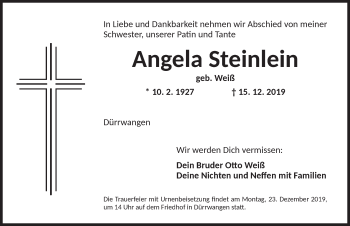 Traueranzeige von Angela Steinlein von Dinkelsbühl/ Feuchtwangen