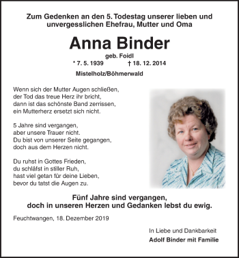 Traueranzeige von Anna Binder von Dinkelsbühl/ Feuchtwangen