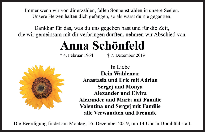  Traueranzeige für Anna Schönfeld vom 13.12.2019 aus Rothenburg