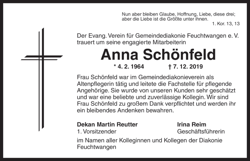  Traueranzeige für Anna Schönfeld vom 20.12.2019 aus Rothenburg