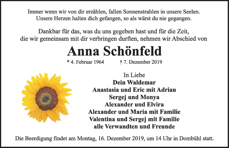  Traueranzeige für Anna Schönfeld vom 13.12.2019 aus Dinkelsbühl/ Feuchtwangen