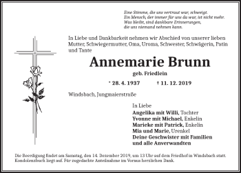 Traueranzeige von Annemarie Brunn von Ansbach