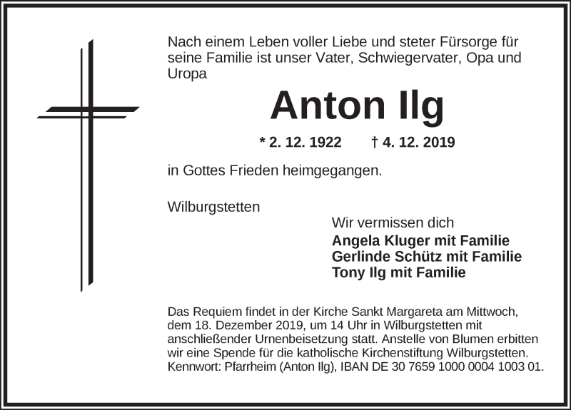  Traueranzeige für Anton Ilg vom 14.12.2019 aus Dinkelsbühl/ Feuchtwangen