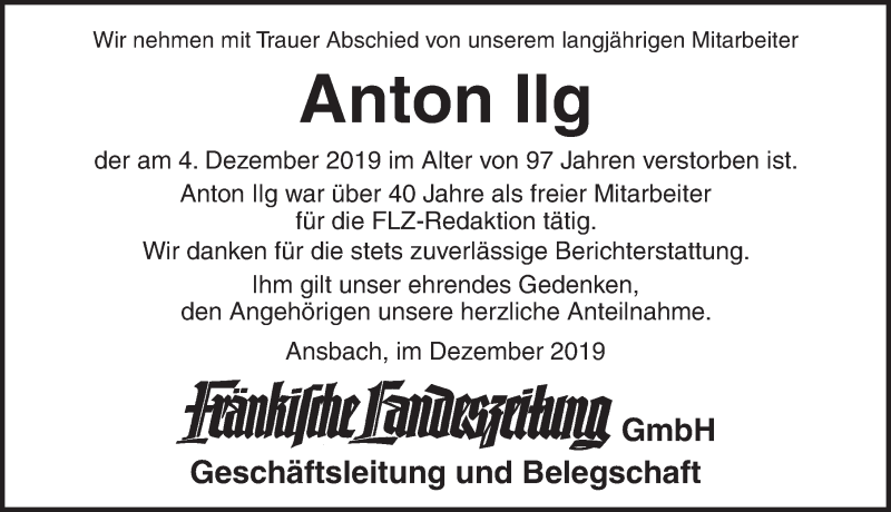  Traueranzeige für Anton Ilg vom 14.12.2019 aus Dinkelsbühl/ Feuchtwangen