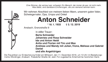 Traueranzeige von Anton Schneider von Ansbach