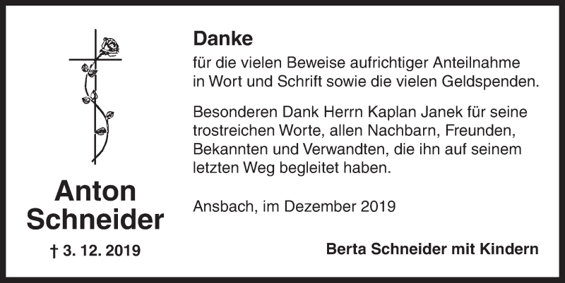  Traueranzeige für Anton Schneider vom 18.12.2019 aus Ansbach