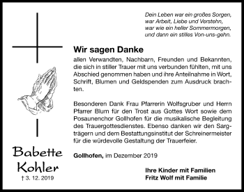 Traueranzeige von Babette Kohler von Neustadt/ Scheinfeld/ Uffenheim