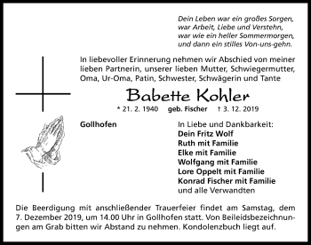 Traueranzeige von Babette Kohler von Neustadt/ Scheinfeld/ Uffenheim