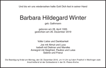 Traueranzeige von Barbara Hildegard Winter von Dinkelsbühl/ Feuchtwangen