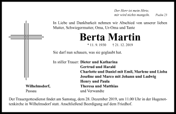 Traueranzeige von Berta Martin von Neustadt/ Scheinfeld/ Uffenheim