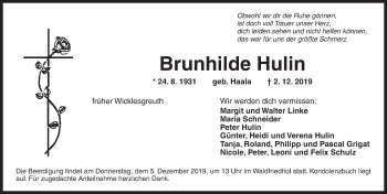 Traueranzeige von Brunhilde Hulin von Ansbach