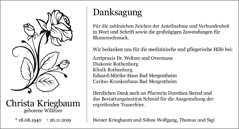  Traueranzeige für Christa Kriegbaum vom 07.12.2019 aus Rothenburg