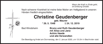 Traueranzeige von Christine Geudenberger von Dinkelsbühl/ Feuchtwangen