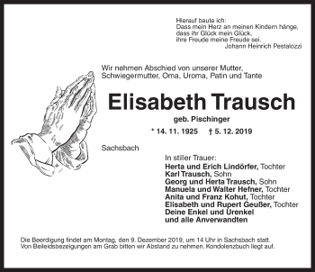 Traueranzeige von Elisabeth Trausch von Ansbach