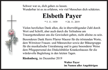 Traueranzeige von Elsbeth Payer von Rothenburg