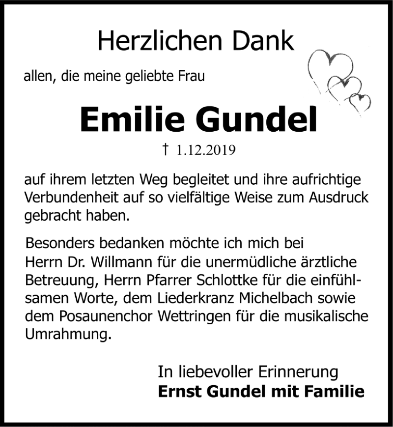  Traueranzeige für Emilie Gundel vom 14.12.2019 aus Rothenburg