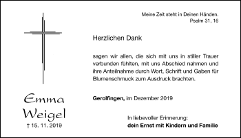 Traueranzeige von Emma Weigel von Dinkelsbühl/ Feuchtwangen