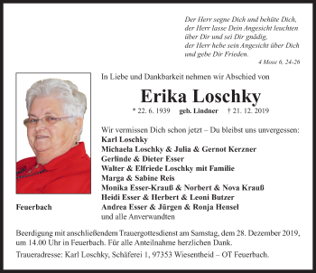 Traueranzeige von Erika Loschky von Neustadt/ Scheinfeld/ Uffenheim