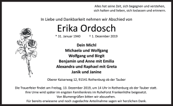 Traueranzeige von Erika Ordosch von Rothenburg