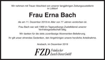 Traueranzeige von Erna Bach von Dinkelsbühl/ Feuchtwangen