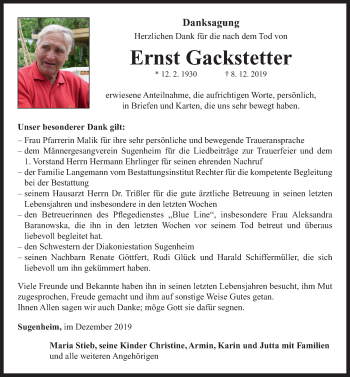 Traueranzeige von Ernst Gackstetter von Neustadt/ Scheinfeld/ Uffenheim