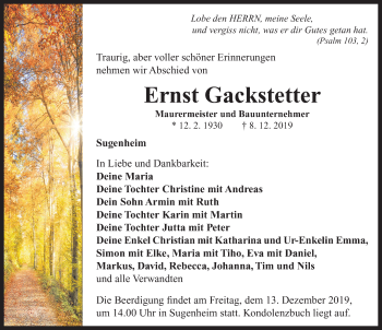 Traueranzeige von Ernst Gackstetter von Neustadt/ Scheinfeld/ Uffenheim