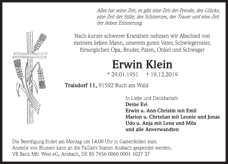  Traueranzeige für Erwin Klein vom 21.12.2019 aus Ansbach