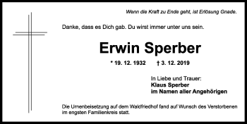 Traueranzeige von Erwin Sperber von Ansbach